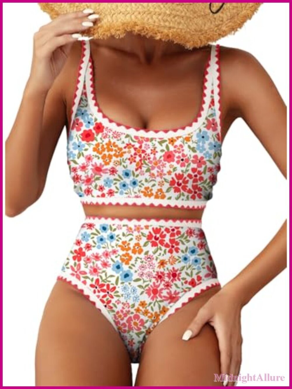 Whip Stitch High Waisted Bikini Set Floral Print Scoop Neck Swimsuits